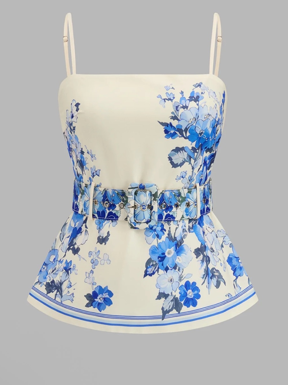 Commense Floral Belted Camisole & Wide-Leg Pants Set - Cream with Blue Floral M - Picture 2 of 8
